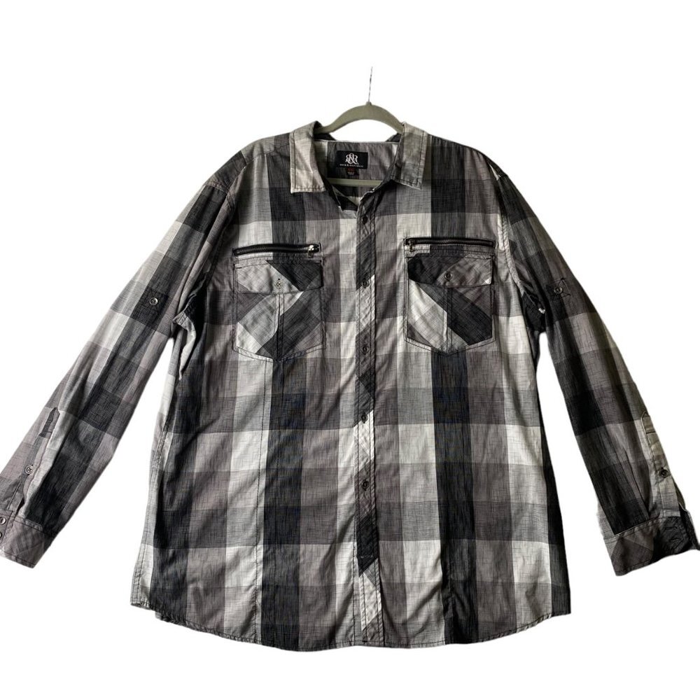 Rock & Republic Men Sz XXL Front Zip Pocket Roll Tab Long Sleeve Button up Shirt